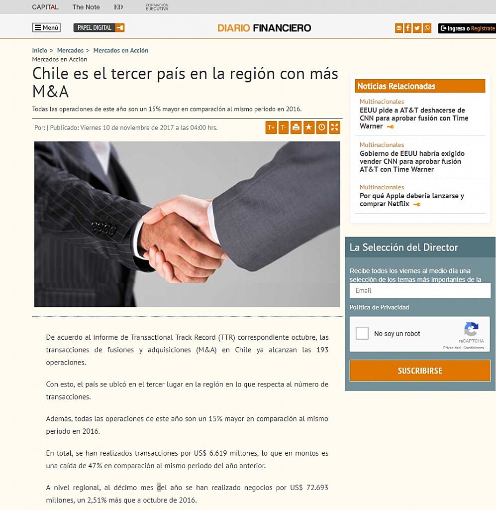 Chile es el tercer pas en la regin con ms M&A